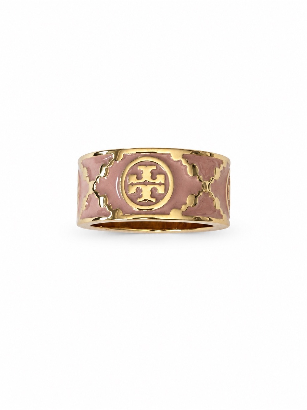 NWOT Tory Burch Pink Enamel Logo Band Ring Gold Tone size 8